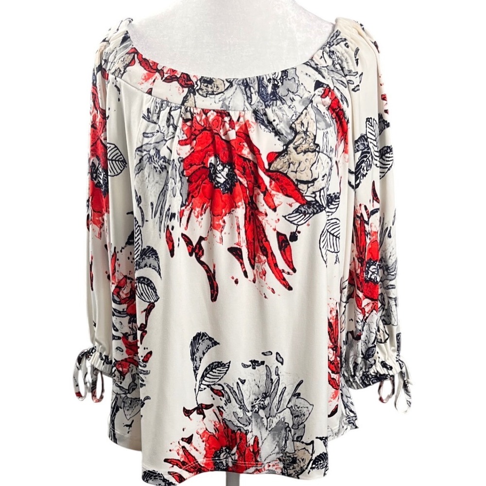 NWOT Bali Corp Women Floral 3/4 Sleeve Tie Cuff Blouse White Red Black Size M